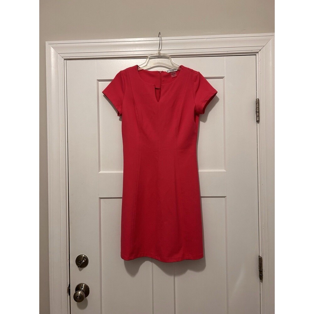 Peter Nygard Size 8 Petite Short Cap Sleeve Midi Shift Dress Pink Stretch Zipper